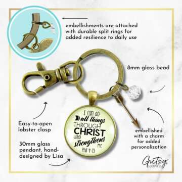I Can Do All Things Through Christ Keychain Boho Style Bronze Jewelry for Women, Key Ring - Handmade Strength and Courage Bible Verse Pendant, Arrow Charm, Thoughtful Gift Message Card & Box