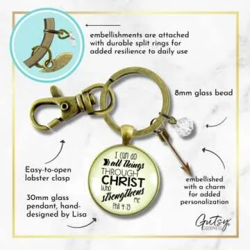 I Can Do All Things Through Christ Keychain Boho Style Bronze Jewelry for Women, Key Ring - Handmade Strength and Courage Bible Verse Pendant, Arrow Charm, Thoughtful Gift Message Card & Box