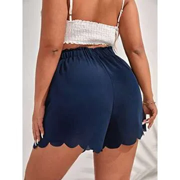 MakeMeChic Women's Plus Size Elastic Waist Scallop Trim Flowy Wide Leg Shorts Navy Blue 0XL