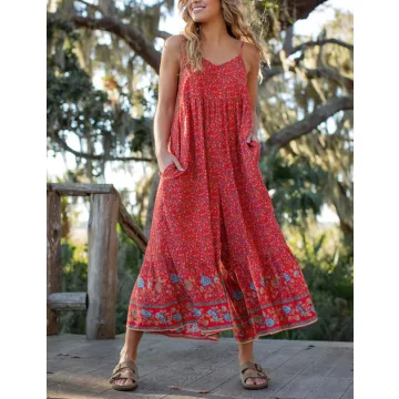 Yeokou Women's Summer Boho Jumpsuits Casual Wide Leg Bib Overalls Floral Print Rompers with Pockets