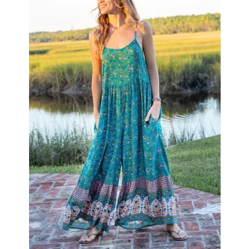 Yeokou Women's Summer Boho Jumpsuits Casual Wide Leg Bib Overalls Floral Print Rompers with Pockets