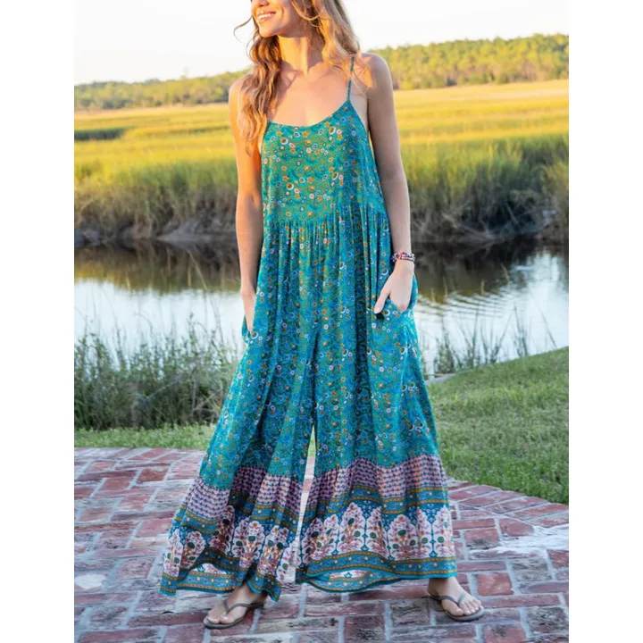 Yeokou Women's Summer Boho Jumpsuits Casual Wide Leg Bib Overalls Floral Print Rompers with Pockets