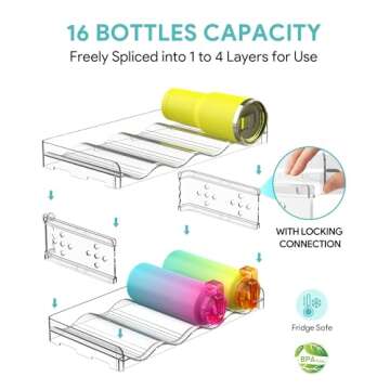 Areforic 4 Tier Water Bottle Organizer - 16 Bottle Stackable Cup Organizer for Cabinet, Countertop, Pantry & Fridge, Free-Standing Kitchen Tumbler Storage Holder for Wine and Drink Bottles
