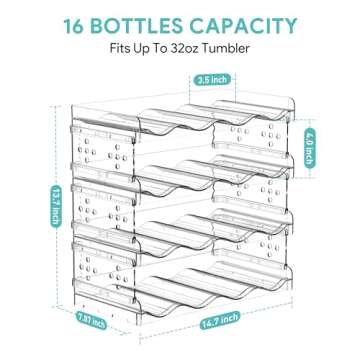 Areforic 4 Tier Water Bottle Organizer - 16 Bottle Stackable Cup Organizer for Cabinet, Countertop, Pantry & Fridge, Free-Standing Kitchen Tumbler Storage Holder for Wine and Drink Bottles