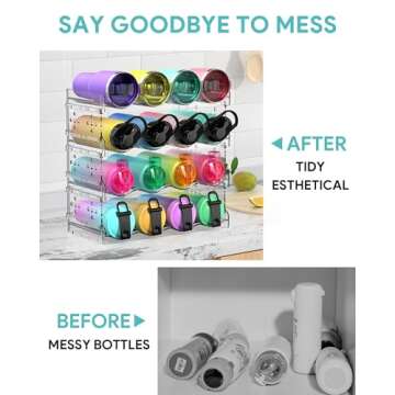 Areforic 4 Tier Water Bottle Organizer - 16 Bottle Stackable Cup Organizer for Cabinet, Countertop, Pantry & Fridge, Free-Standing Kitchen Tumbler Storage Holder for Wine and Drink Bottles