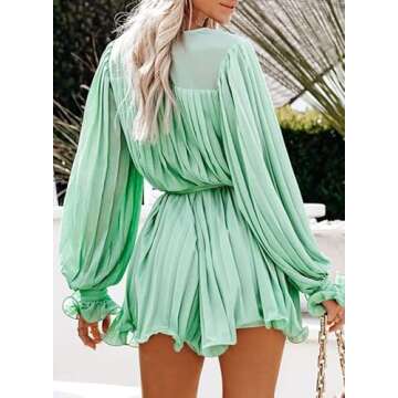 Dokotoo Womens Ladies Cute Elegant One Piece Long Sleeve Sexy V Neck Front Button Down Elegant Spring Summer Rompers for Women Short Jumpsuits with Belt Green Medium