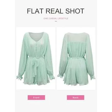 Dokotoo Womens Ladies Cute Elegant One Piece Long Sleeve Sexy V Neck Front Button Down Elegant Spring Summer Rompers for Women Short Jumpsuits with Belt Green Medium