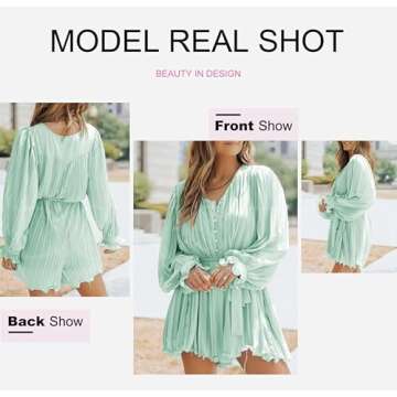 Dokotoo Womens Ladies Cute Elegant One Piece Long Sleeve Sexy V Neck Front Button Down Elegant Spring Summer Rompers for Women Short Jumpsuits with Belt Green Medium