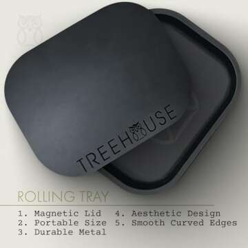 Black Treehouse Rolling Tray Set with PVC Magnetic Lid & Ashtray, 7" x 5.5", Travel-Friendly