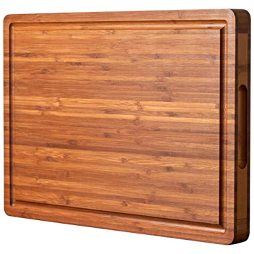 Bamboo Wood Cutting Board for Kitchen, 1" Thick Butcher Block, Cheese Charcuterie Board, with Side H...