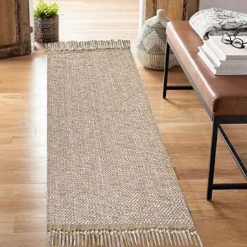 Boho Hallway Runner Rug 2'x 6',Khaki/Cream Hand-Woven Washable Entryway Runner Rug Cotton Farmhouse Laundry Room Runner Rug for Bedroom Bathroom Sink Foyer Bedroom