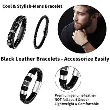 LOWNOUR Black Leather Bracelets Set - 5 Stylish Unisex Designs