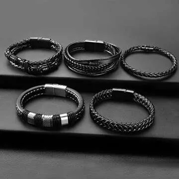 Stylish LOWNOUR Black Leather Bracelet Set for Men Women