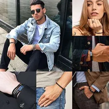 Stylish LOWNOUR Black Leather Bracelet Set for Men Women