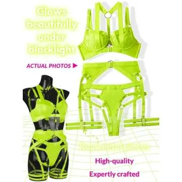 Kaei&Shi Garter Belt Thong Lingerie For Women,Strappy Racerback Sexy Lingerie,Harness Garter Leg Strap Matching 4 Piece Lingerie Set Blacklight Glow In The Dark Boudoir Plus Size Neon Green X-Large
