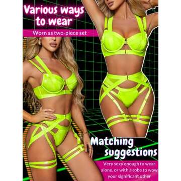 Kaei&Shi Garter Belt Thong Lingerie For Women,Strappy Racerback Sexy Lingerie,Harness Garter Leg Strap Matching 4 Piece Lingerie Set Blacklight Glow In The Dark Boudoir Plus Size Neon Green X-Large