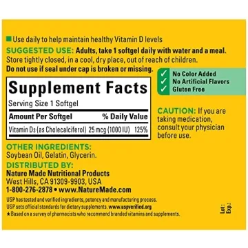 Nature Made Vitamin D3 1000 IU Softgels for Health
