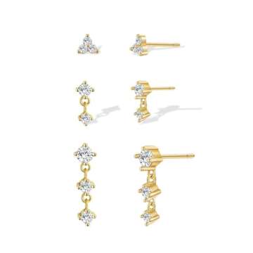 Fwlisesa Gold Stud Earrings, 14k Gold Plated CZ Drop Earrings, Dainty Gold Stacks, Hypoallergenic, Earring Sets for Multiple Piercing