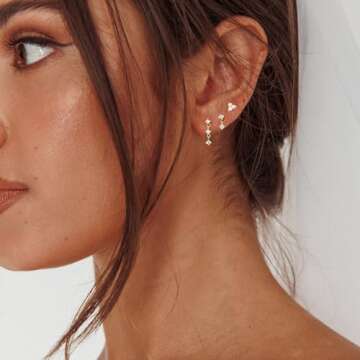 Fwlisesa Gold Stud Earrings, 14k Gold Plated CZ Drop Earrings, Dainty Gold Stacks, Hypoallergenic, Earring Sets for Multiple Piercing