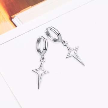 JDONL Minimalist Cross Hollow Star Dangle Drop Small Hoop Earrings Huggie Hoop Earrings Constellation Tiny Star Cartilage Studs Earring Jewelry Gift (Silver)