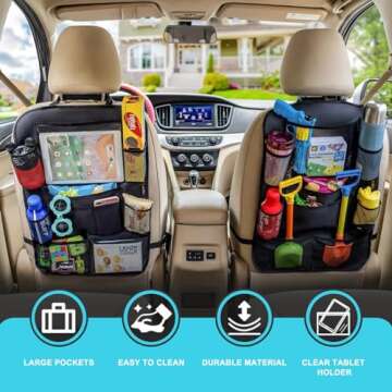 Matenf Car Organizer Back Seat with 9 Storage Pockets & 10″ Tablet Holder, 1Pack Seat Back Cover for Kids Toddlers, Kick Mats Protector, Keep Cars Vehicles Organized & Tidy, Travel Accessories
