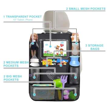 Matenf Car Organizer Back Seat with 9 Storage Pockets & 10″ Tablet Holder, 1Pack Seat Back Cover for Kids Toddlers, Kick Mats Protector, Keep Cars Vehicles Organized & Tidy, Travel Accessories