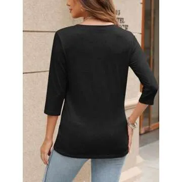 TICTICMIMI Women's V Neck 3/4 Sleeve T Shirts Casual Basic Summer Tees Shirts Loose Fit Tunic Tops Black
