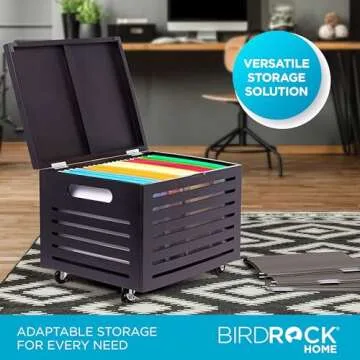 BIRDROCK HOME Bamboo Rolling File Storage Organizer Box with Lid - Decorative File Cabinet on Wheels, Portable File Box on Wheels, Mobile Filing Solution - Grey
