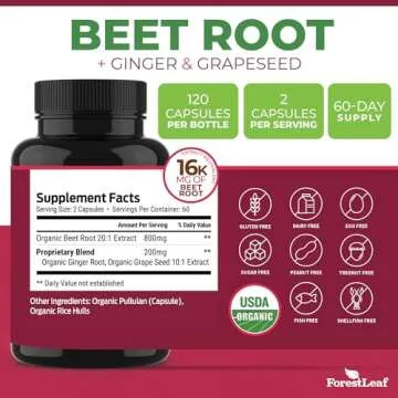 ForestLeaf Organic Beet Root Capsules - with Ginger & Grape Seed 16000mg Strength 20:1 Extract, Supports Nitric Oxide Production, Beets Supplements with Organic Non-GMO Beetroot Powder 120 Veggie Caps