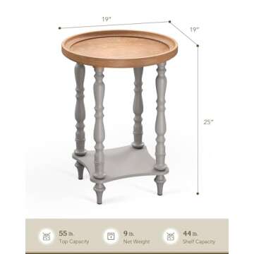 VONLUCE French Country End Table, 19'' Round Farmhouse Side Table, Distressed Wood Tray Top Rustic A...