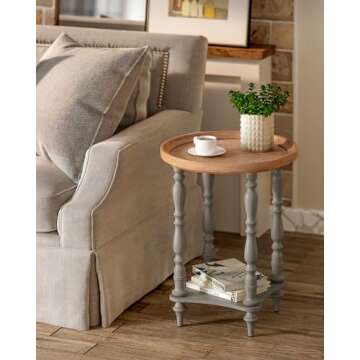 VONLUCE French Country End Table, 19'' Round Farmhouse Side Table, Distressed Wood Tray Top Rustic Accent Table for Living Room Bedroom, Small Space, Gray