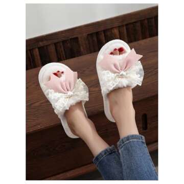 OYOANGLE Women's Bow Decor Lace Plush Slippers Furry Open Toe Cute Indoor Outdoor Slides Slippers Wh...