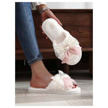 OYOANGLE Women's Bow Decor Lace Plush Slippers Furry Open Toe Cute Indoor Outdoor Slides Slippers White Pink 6.5