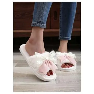 OYOANGLE Women's Bow Decor Lace Plush Slippers Furry Open Toe Cute Indoor Outdoor Slides Slippers White Pink 6.5