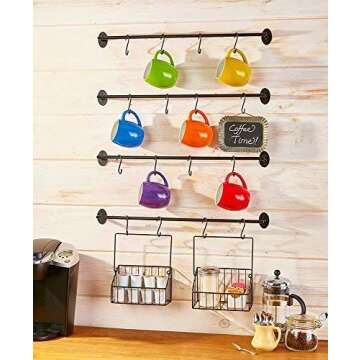 The Lakeside Collection Wall Rack for Coffee Mugs, Tea Cups with Industrial Pipe Style - 6 Pieces