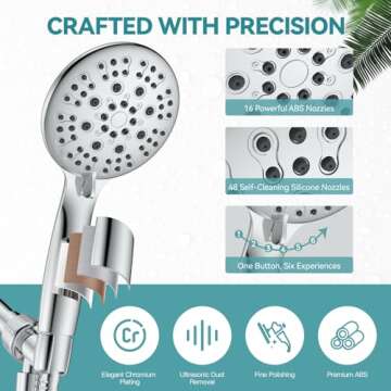 High Pressure Shower Head with Handheld, JDO 6 Spray Settings Handheld Showerhead, 4.3" High Flow Rain Showerhead Set with 59" Stainless Steel Hose and Adjustable Bracket for Bathroom, Gym, Hotel