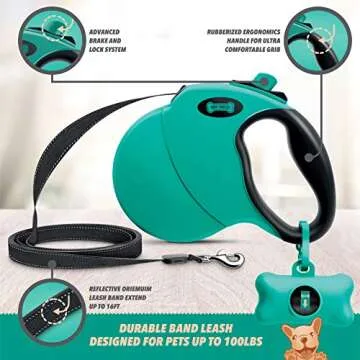 Ruff 'N Ruffus 360° Tangle-Free 16 ft Retractable Dog Leash + Free Travel Bowl + Free Waste Bag Dispenser & 15 Bags + Free LED Charm | Reflective Tape Easy Lock Anti Slip Handle
