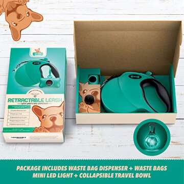 Ruff 'N Ruffus 360° Tangle-Free 16 ft Retractable Dog Leash + Free Travel Bowl + Free Waste Bag Dispenser & 15 Bags + Free LED Charm | Reflective Tape Easy Lock Anti Slip Handle