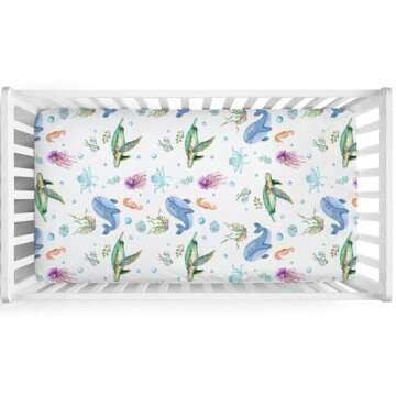 Cute Sea Animals Baby Crib Sheets 52''x28'' Ocean Turtle Whale Jellyfish Sea Horse Weeds Fitted Crib...