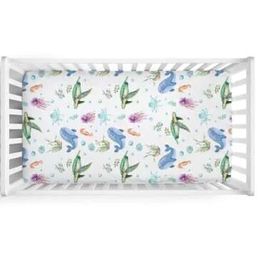 Cute Sea Animals Baby Crib Sheets 52''x28'' Ocean Turtle Whale Jellyfish Sea Horse Weeds Fitted Crib...