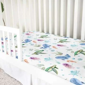 Cute Sea Animals Baby Crib Sheets 52''x28'' Ocean Turtle Whale Jellyfish Sea Horse Weeds Fitted Crib Mattress Cover for Boy Girl Marine Nursery Baby Bed Sheets for Standard Crib and Toddler Mattress