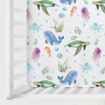 Cute Sea Animals Baby Crib Sheets 52''x28'' Ocean Turtle Whale Jellyfish Sea Horse Weeds Fitted Crib Mattress Cover for Boy Girl Marine Nursery Baby Bed Sheets for Standard Crib and Toddler Mattress