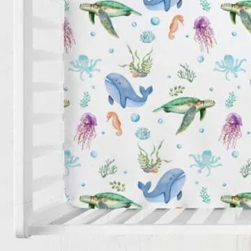 Cute Sea Animals Baby Crib Sheets 52''x28'' Ocean Turtle Whale Jellyfish Sea Horse Weeds Fitted Crib Mattress Cover for Boy Girl Marine Nursery Baby Bed Sheets for Standard Crib and Toddler Mattress
