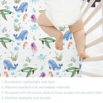 Cute Sea Animals Baby Crib Sheets 52''x28'' Ocean Turtle Whale Jellyfish Sea Horse Weeds Fitted Crib Mattress Cover for Boy Girl Marine Nursery Baby Bed Sheets for Standard Crib and Toddler Mattress