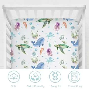 Cute Sea Animals Baby Crib Sheets 52''x28'' Ocean Turtle Whale Jellyfish Sea Horse Weeds Fitted Crib Mattress Cover for Boy Girl Marine Nursery Baby Bed Sheets for Standard Crib and Toddler Mattress