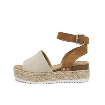 Soda Topic Open Toe Buckle Ankle Strap Espadrilles Flatform Wedge Sandals, Beige Canvas/Tan