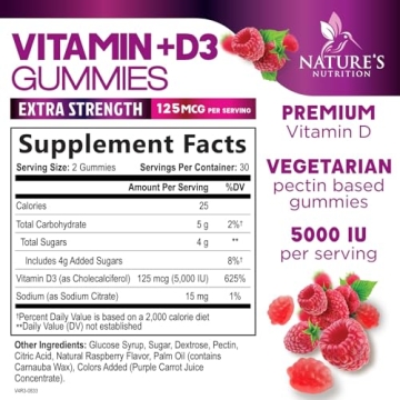 Vitamin D3 Gummies 5000 IU - Delicious Raspberry Flavor