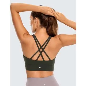 CRZ YOGA Womens Butterluxe Strappy High Neck Longline Sports Bra - Wireless Criss Cross Back Padded Workout Cropped Top Olive Green Medium