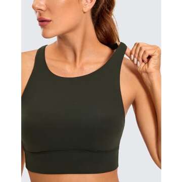 CRZ YOGA Womens Butterluxe Strappy High Neck Longline Sports Bra - Wireless Criss Cross Back Padded Workout Cropped Top Olive Green Medium