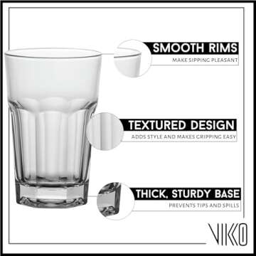 Vikko Drinking Glasses, 11.5 Ounce Glass Cups, Durable Glasses Drinking Set of 6, Stackable Water Gl...